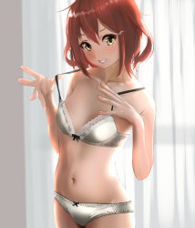 Rule 34 | 1girl, alternate costume, bare shoulders, blush, bra, breasts, brown hair, collarbone, commentary request, folded ponytail, hair between eyes, hair ornament, hairclip, highres, ikazuchi (kancolle), kantai collection, looking at viewer, navel, panties, short hair, small breasts, smile, solo, tama (tamago), teeth, underwear, underwear only, white bra, white panties, yellow eyes
