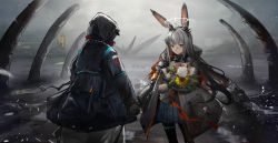 Rule 34 | 1girl, 1other, animal ears, arknights, armband, black gloves, black jacket, black pantyhose, blue skirt, bouquet, closed mouth, commentary request, doctor (arknights), flower, gloves, grey hair, grey jacket, halo, highres, holding hands, hood, hood up, hooded jacket, jacket, jewelry, long hair, long sleeves, looking at viewer, multicolored hair, orange eyes, pantyhose, pleated skirt, puffy long sleeves, puffy sleeves, rabbit ears, red hair, ring, rose, skirt, two-tone hair, very long hair, white flower, white rose, yellow flower, yuuki mix