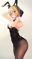 Rule 34 | 1girl, alternate costume, animal ears, arms up, black bow, black bowtie, black gloves, black hairband, black leotard, black pantyhose, blonde hair, blush, bow, bowtie, closed mouth, commentary request, detached collar, fake animal ears, gloves, gradient background, hairband, idolmaster, idolmaster shiny colors, leotard, looking at viewer, pantyhose, playboy bunny, rabbit ears, rabbit tail, red eyes, saijo juri, short hair, simple background, solo, standing, strapless, tail, toho (kihon ha yappa), wrist cuffs