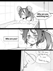 Rule 34 | 1boy, 1girl, 3koma, absurdres, animal ears, bare shoulders, bathroom, bathtub, bright pupils, collarbone, comic, empty eyes, english text, getto, greyscale, guyrys, hakos baelz, highres, hololive, hololive english, indoors, looking at viewer, monochrome, mouse ears, multicolored hair, parted lips, soap bubbles, speech bubble, streaked hair, virtual youtuber, white pupils