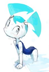 Rule 34 | 1girl, arm support, black eyes, blue hair, blue one-piece swimsuit, blush, dripping, dripping, flat chest, from side, in water, jenny wakeman, leaning forward, looking at viewer, my life as a teenage robot, nickelodeon, one-piece swimsuit, raised eyebrows, robot, short hair, simple background, solo, standing, swimsuit, tareme, water, wet, white background