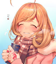 Rule 34 | 1girl, ahoge, blonde hair, blue background, blush, can, canned coffee, closed eyes, closed mouth, drink can, enpera, fur trim, gloves, gradient background, grin, idolmaster, idolmaster cinderella girls, jacket, morimiya masayuki, parted lips, pink jacket, plaid, plaid scarf, sato shin, scarf, smile, solo, swept bangs, upper body, white background