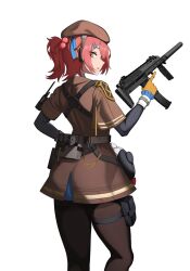 Rule 34 | 1girl, beret, brown dress, brown pantyhose, cero (last2stage), commission, dress, from behind, girls&#039; frontline, gloves, gun, h&amp;k mp7, hair ornament, hairclip, hat, highres, holding, holding weapon, looking at viewer, looking back, mp7 (girls&#039; frontline), one side up, pantyhose, pink hair, pouch, short sleeves, submachine gun, suppressor, thigh pouch, trigger discipline, weapon, wide sleeves, yellow eyes, yellow gloves