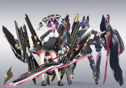 Rule 34 | 10s, 1girl, 2girls, big.g, black skirt, black thighhighs, breasts, contrapposto, dress, full body, glaive (polearm), halo, hand on own hip, headgear, huge weapon, kantai collection, katana, large breasts, light particles, loafers, long sleeves, looking at viewer, machinery, mecha musume, mechanical halo, multiple girls, polearm, profile, purple eyes, shirt, shoes, short hair, skirt, smile, standing, sword, tatsuta (kancolle), tenryuu (kancolle), thighhighs, transparent, underbust, weapon, white shirt, yellow eyes