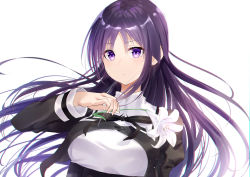Rule 34 | 1girl, absurdres, arm at side, assault lily, black ribbon, black skirt, breasts, buttons, chromatic aberration, closed mouth, cropped jacket, fingernails, floating hair, flower, hand up, high-waist skirt, highres, holding, holding flower, juliet sleeves, large breasts, light particles, lily (flower), long hair, long sleeves, looking at viewer, meen (ouaughikepdvrsf), neck ribbon, puffy sleeves, purple eyes, purple hair, ribbon, school uniform, shirai yuyu, shirt, sidelocks, simple background, skirt, solo, upper body, very long hair, white background, white flower, white shirt, yurigaoka girls academy school uniform