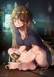 Rule 34 | 1girl, animal ears, ass, bare legs, barefoot, black shirt, blonde hair, blush, breasts, cat ears, cleavage, collarbone, controller, fake animal ears, feet, game console, game controller, girls und panzer, glasses, heart, highres, indian style, indoors, large breasts, long hair, looking at viewer, megadeko, nekonyaa (girls und panzer), no bra, no panties, open mouth, playing games, shirt, sitting, smile, soles, solo, toes, video game, yellow eyes