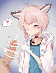 Rule 34 | !, !!, 1boy, 1girl, absurdres, ahoge, animal ears, arknights, bar censor, blue eyes, blue vest, blush, censored, closed mouth, coat, collarbone, commentary, cum, ejaculation, english commentary, extra ears, flat chest, fox ears, fox girl, gloved handjob, gloves, handjob, hetero, highres, hood, hood down, hooded coat, material growth, one eye closed, oripathy lesion (arknights), pink hair, short hair, speech bubble, spoken exclamation mark, sussurro (arknights), twitching penis, variant set, vest, white coat, white gloves, wuoo48763