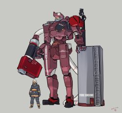 Rule 34 | 1boy, bad id, bad twitter id, dated, english text, firefighter, gun, highres, holding, holding gun, holding weapon, looking ahead, mecha, moi moi7, original, robot, science fiction, size difference, standing, weapon