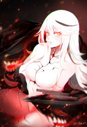 Rule 34 | 1girl, abyssal mediterranean princess, abyssal ship, black hair, breasts, chromatic aberration, colored skin, dated, detached sleeves, glowing, hand to own mouth, hi ye, high heels, highres, horns, kantai collection, large breasts, leotard, long hair, looking afar, multicolored hair, orange eyes, rigging, sidelocks, sleeves past fingers, sleeves past wrists, solo, streaked hair, twitter username, white hair, white legwear, white leotard, white skin