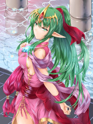 Rule 34 | 1girl, alternate costume, breasts, crown, dress, expressionless, fire emblem, fire emblem: mystery of the emblem, fire emblem awakening, fire emblem heroes, green eyes, green hair, highres, jewelry, kei (asufend), large breasts, looking at viewer, necklace, nintendo, official alternate costume, pink dress, pointy ears, ponytail, red sash, sash, sideboob, sidelocks, tiki (adult) (fire emblem), tiki (fire emblem), water