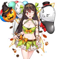 Rule 34 | 1girl, ;d, anti (0324), balloon, bare shoulders, bell, black hair, blush, bow, braid, breasts, bustier, candy, choker, cleavage, cookie, cupcake, fairy wings, food, frills, glasses, hair flaps, hair ribbon, halloween, hanasaki tomoyo (uchi no hime-sama), jingle bell, large breasts, long hair, looking at viewer, miniskirt, mole, mole on breast, navel, one eye closed, open mouth, pleated skirt, red eyes, ribbon, skirt, smile, solo, tiara, transparent background, uchi no hime-sama ga ichiban kawaii, wings