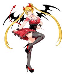 Rule 34 | 1girl, :o, bare shoulders, black thighhighs, blonde hair, breasts, cle masahiro, cleavage, clothes lift, demon horns, demon tail, fake horns, full body, halterneck, high heels, highres, horns, large breasts, leg lift, long hair, looking at viewer, official art, open mouth, simple background, skirt, skirt lift, solo, standing, tail, thighhighs, twintails, valkyrie drive, valkyrie drive -siren-, white background, wings, wrist cuffs, yellow eyes, zenkouji shizune