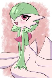 Rule 34 | 1girl, absurdres, baileyi, blush, bob cut, border, colored skin, creatures (company), female focus, flat chest, game freak, gardevoir, gen 3 pokemon, green hair, green skin, hair over one eye, half-closed eyes, happy, highres, looking at viewer, multicolored skin, nintendo, one eye covered, open mouth, outside border, own hands together, pink background, pokemon, pokemon (creature), red eyes, short hair, simple background, sitting, smile, solo, two-tone skin, v arms, white border, white skin