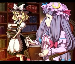 Rule 34 | 2girls, blonde hair, book, book stack, bow, carrying, female focus, kirisame marisa, library, mishima hiroji, multiple girls, patchouli knowledge, pink bow, touhou, voile