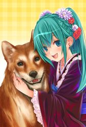Rule 34 | 1girl, :d, @hina, animal print, blue eyes, blush, braid, butterfly print, chinese zodiac, crown braid, dog, earrings, flower, green hair, hair between eyes, hair flower, hair ornament, heart, heart earrings, highres, japanese clothes, jewelry, kimono, long hair, looking at viewer, nengajou, new year, obi, open mouth, original, parted lips, plaid, plaid background, sash, smile, twintails, year of the dog, yellow background