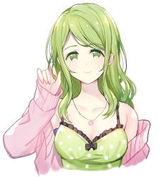Rule 34 | 1girl, bare shoulders, black bow, blush, bow, breasts, camisole, cleavage, closed mouth, cropped torso, fingernails, flower, flower necklace, green camisole, green eyes, green hair, hand in own hair, hand up, jacket, jewelry, long hair, long sleeves, medium breasts, meito (maze), morinaka kazaki, nail polish, necklace, nijisanji, off shoulder, open clothes, open jacket, pink jacket, pink nails, polka dot, polka dot camisole, simple background, sleeves past wrists, smile, solo, upper body, virtual youtuber, white background