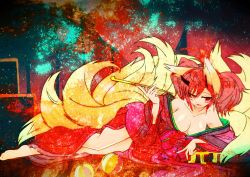 Rule 34 | 1girl, animal ear fluff, animal ears, bare shoulders, barefoot, breasts, cleavage, fox ears, fox tail, highres, holding, holding smoking pipe, japanese clothes, kimono, kiseru, kitsune, kyuubi, large breasts, lying, multiple tails, off shoulder, on side, phantasy star, phantasy star online 2, pink hair, red eyes, smoking pipe, solo, tail, twintails, wisespeak, yuujo