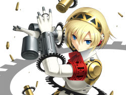 Rule 34 | 1girl, aegis (persona), android, armband, atlus, blonde hair, blue eyes, bullet, casing ejection, cygnus (cygnus7), drum magazine, magazine (weapon), md5 mismatch, persona, persona 3, shell casing, short hair, smile, solo