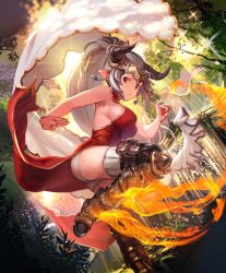 Rule 34 | 1girl, :&lt;, aliza (granblue fantasy), artist request, ass, bare shoulders, breasts, china dress, chinese clothes, curled fingers, cygames, draph, dress, earrings, fire, forest, granblue fantasy, hair pulled back, horns, jewelry, jumping, large breasts, leg up, long hair, looking at viewer, nature, official art, open mouth, outdoors, outstretched hand, panties, pantyshot, pointy ears, ponytail, red dress, red eyes, shadowverse, short dress, sideboob, silver hair, solo, sparkle, standing, standing on one leg, thighhighs, underwear, white panties, white thighhighs