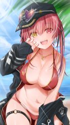 Rule 34 | 1girl, :d, absurdres, bare arms, bare shoulders, baseball cap, beach, bikini, black jacket, breasts, claw pose, cleavage, collarbone, eyewear on headwear, halterneck, hat, heart, heart-shaped eyewear, heart necklace, heterochromia, highres, hololive, houshou marine, houshou marine (summer), jacket, jewelry, large breasts, lassu558, leaning forward, long hair, looking at viewer, navel, necklace, o-ring, o-ring legwear, o-ring thigh strap, off shoulder, open clothes, open jacket, open mouth, red bikini, red eyes, red hair, sideways hat, smile, solo, string bikini, summer, sunglasses, swimsuit, thigh strap, twintails, virtual youtuber, yellow eyes