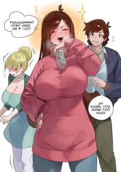 Rule 34 | 1boy, 2girls, aged up, aqua dress, beer can, blonde hair, blue jacket, blush, breasts, brown hair, can, cleavage, collared shirt, cowboy shot, dipper pines, dress, drink can, english text, gravity falls, hair bun, highres, holding, holding can, huge breasts, jacket, jewelry, long hair, long sleeves, mabel pines, multiple girls, necklace, nia (nia4294), pacifica northwest, pantyhose, pearl necklace, pink sweater, shirt, short hair, sparkle, speech bubble, sweater, white pantyhose, white shirt