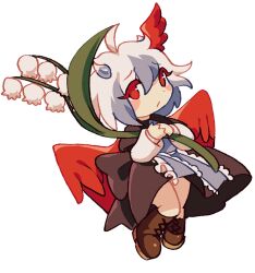 Rule 34 | 1girl, black dress, blue hair, boots, brown footwear, dress, flower, full body, head wings, holding, holding flower, horns, lily of the valley, long sleeves, multicolored hair, red eyes, short hair, single head wing, solo, tokiko (touhou), touhou, two-tone hair, white flower, white hair, wings, zuomerika