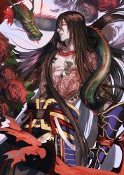 Rule 34 | 1boy, bracer, brown hair, dragon, eastern dragon, elbow gloves, fate/grand order, fate (series), flower, gloves, green eyes, highres, kuroda matsurika, long hair, looking to the side, male focus, parted lips, red flower, red rose, rose, solo, tattoo, topless male, yan qing (fate)
