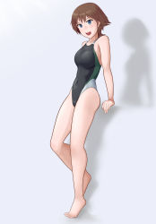 Rule 34 | 1girl, alternate costume, arm support, bad id, bad pixiv id, bare legs, barefoot, black one-piece swimsuit, breasts, brown hair, collarbone, competition swimsuit, covered navel, eyebrows, flipped hair, full body, green one-piece swimsuit, grey background, hair between eyes, hiei (kancolle), highleg, highleg swimsuit, highres, kantai collection, looking at viewer, medium breasts, nikku (nzaf5832), one-piece swimsuit, open mouth, shadow, short hair, simple background, smile, solo, standing, swimsuit