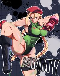Rule 34 | 1girl, abs, angry, blonde hair, blue eyes, boots, braid, breasts, cammy white, character name, fingerless gloves, funnismonkis, gloves, hat, highres, large breasts, leotard, muscular, muscular female, sleeveless, standing, standing on one leg, street fighter