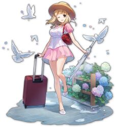 Rule 34 | 1girl, alternate costume, artist request, bag, bare arms, bare legs, bird, blonde hair, blue flower, breasts, brick floor, brown eyes, carrying bag, closed umbrella, dress, flats, flower, fukuji mihoko, full body, green flower, handbag, hat, highres, holding, holding umbrella, hydrangea, jewelry, knees together feet apart, large breasts, looking at viewer, mahjong soul, medium hair, necklace, official art, one eye closed, open mouth, pendant, petals, pink dress, pink flower, pleated dress, puddle, puffy short sleeves, puffy sleeves, purple flower, red bag, rolling suitcase, saki (manga), short dress, short sleeves, smile, solo, standing, standing on one leg, straw hat, suitcase, tachi-e, transparent background, two-tone dress, umbrella, underbust, white bird, white dress, white footwear, white umbrella, yellow hat