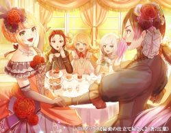 Rule 34 | + +, 5girls, absurdres, blonde hair, blue eyes, blue lips, bow, braid, brown eyes, brown gloves, brown hair, cake, cake slice, cheesecake, cup, curtains, dessert, dolce (dolsuke), dress, elbow gloves, elbows on table, eye contact, eyeshadow, flower, food, frilled dress, frills, gloves, green eyes, hair bow, hair flower, hair ornament, holding hands, hand up, highres, indoors, jewelry, lipstick, long hair, long sleeves, looking at another, looking at viewer, macaron, makeup, multicolored hair, multiple girls, necklace, open mouth, original, pink hair, red neckwear, saucer, short sleeves, smile, streaked hair, table, teacup, teapot, twin braids, twintails, two-tone hair, very long hair, watermark, white gloves, white hair, window