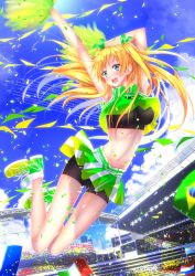 Rule 34 | 1girl, 2014 fifa world cup, arms up, bad id, bad pixiv id, bike shorts, blonde hair, blue eyes, blush, breasts, cheerleader, confetti, day, flag, hair ribbon, highres, italian flag, italy, large breasts, long hair, long legs, midriff, navel, open mouth, original, pom pom (cheerleading), ribbon, shoes, skirt, sky, smile, sneakers, soccer, solo, sports bra, stadium, swordsouls, twintails, world cup