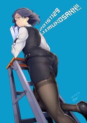 Rule 34 | 10s, 1girl, 2015, ass, ayaki, black hair, blue background, brown eyes, business suit, climbing, climbing ladder, dated, dutch angle, formal, glasses, highres, ladder, mole, mole under mouth, office lady, original, pantyhose, pencil skirt, short hair, signature, simple background, skirt, solo, suit, thighband pantyhose