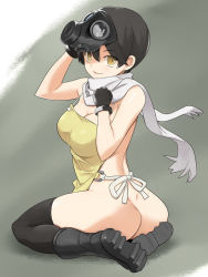 Rule 34 | apron, ass, black hair, black thighhighs, boots, breasts, brown eyes, cleavage, full body, gas mask, gloves, grey background, mask, naked apron, nora higuma, original, scarf, solo, thighhighs