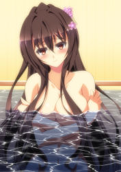 Rule 34 | 10s, 1girl, bathing, breasts, brown eyes, brown hair, female focus, gradient background, highres, ka2, kantai collection, large breasts, long hair, partially submerged, ponytail, solo, very long hair, yamato (kancolle)