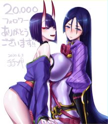 Rule 34 | 2girls, arm guards, armor, bare shoulders, black gloves, blush, bob cut, bodysuit, breasts, closed mouth, elbow gloves, eyeliner, fangs, fate/grand order, fate (series), gloves, horns, japanese armor, japanese clothes, kimono, kote, large breasts, long hair, long sleeves, looking at viewer, makeup, minamoto no raikou (fate), multiple girls, obi, off shoulder, oni, open mouth, parted bangs, purple bodysuit, purple eyes, purple hair, purple kimono, revealing clothes, ribbed sleeves, rope, sash, short eyebrows, short hair, shuten douji (fate), simple background, skin-covered horns, small breasts, smile, thighs, titiduki (manman-ya), very long hair, white background, wide sleeves