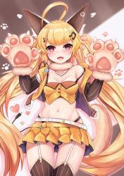 Rule 34 | 1girl, :d, absurdres, ahoge, animal ear fluff, animal ears, animal hands, azur lane, bare shoulders, black thighhighs, blonde hair, breasts, cat ears, cat girl, cat tail, collarbone, cowboy shot, crop top, eldridge (azur lane), eldridge (kitty idol) (azur lane), fangs, fortissimo, fur collar, garter straps, gloves, gluteal fold, hair ornament, hands up, highleg, highres, jewelry, long hair, looking at viewer, midriff, miniskirt, musical note, musical note hair ornament, navel, necklace, off shoulder, open mouth, orange shirt, orange skirt, paw gloves, red eyes, ryara, shirt, skirt, small breasts, smile, solo, striped clothes, striped thighhighs, tail, thighhighs, twintails, very long hair, vest, zettai ryouiki