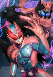 Rule 34 | 2boys, absurdres, black gloves, blue eyes, claws, commentary, compound eyes, dna, driver (kamen rider), gloves, hand up, highres, honeycomb (pattern), honeycomb background, kamen rider, kamen rider revi, kamen rider revice, kamen rider vice, multiple boys, ni celery pk, pink gloves, pink scarf, red eyes, revice driver, rex genome, scarf, sharp teeth, teeth, tokusatsu, twitter username, tyrannosaurus rex, upper body, vistamp