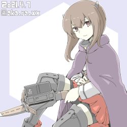 Rule 34 | 1girl, akara kai, bike shorts, bow (weapon), brown eyes, brown hair, cape, crossbow, dated, headband, headgear, kantai collection, looking at viewer, purple cape, red skirt, skirt, solo, taihou (kancolle), thighhighs, weapon