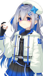 Rule 34 | 1girl, absurdres, amane kanata, amane kanata (work), angel, asymmetrical sidelocks, belt, beret, black bow, black dress, black gloves, black ribbon, blue belt, blue dress, blue eyes, blue hair, blunt bangs, bow, claw pose, closed mouth, colored inner hair, commentary request, cowboy shot, double-parted bangs, dress, dress ribbon, fingernails, gloves, gradient dress, grey hair, hair between eyes, hair bow, hair intakes, hair ornament, hairclip, hand up, hat, hat ornament, highres, hololive, hood, hood down, hooded jacket, jacket, jewelry, long bangs, long hair, long sleeves, looking ahead, mionohoshi, multicolored hair, necklace, official alternate costume, official alternate hairstyle, partially fingerless gloves, pleated dress, puffy long sleeves, puffy sleeves, ribbon, shaded face, short dress, simple background, solo, star (symbol), star hat ornament, two-tone hair, two side up, virtual youtuber, white background, white hat, white jacket, zipper, zipper pull tab