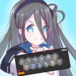 Rule 34 | 1girl, aris (blue archive), arknights, black hair, blue archive, blue background, blue eyes, cellphone, commentary, crossover, english commentary, hair between eyes, hairband, highres, holding, holding phone, kelsuis, long hair, long hair between eyes, looking at viewer, phone, simple background, smartphone, smile, solo
