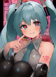 Rule 34 | 1girl, :3, absurdres, ahoge, aqua hair, blush, finger to cheek, green eyes, green necktie, hair intakes, hair ornament, hatsune miku, headgear, heart, heart-shaped pupils, highres, knees to chest, long hair, looking at viewer, nail, necktie, shoulder tattoo, sleeveless, smile, solo, symbol-shaped pupils, tananuki, tattoo, twintails, vocaloid