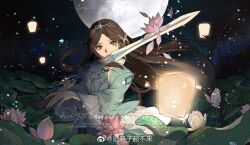 Rule 34 | 1girl, artist request, blue eyes, braid, brown hair, butterfly hair ornament, collar, douluo dalu, falling petals, floating hair, flower, frilled collar, frills, hair ornament, highres, holding, holding sword, holding weapon, lantern, long hair, long sleeves, lotus, night, ning rongrong (douluo dalu), open mouth, petals, second-party source, solo, sword, teeth, tiara, upper body, watermark, weapon