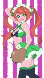 Rule 34 | 1girl, animal ears, animal hands, arm behind head, arm up, bear ears, bear girl, bear paws, black thighhighs, bow, breasts, cleavage, commentary request, crop top, gloves, green bow, green eyes, green skirt, long hair, looking at viewer, maid headdress, navel, orange hair, paw gloves, sando no meshi, skirt, small breasts, smile, solo, standing, striped, striped background, thighhighs, tongue, tongue out, twintails, yuri kuma arashi, yurigasaki lulu