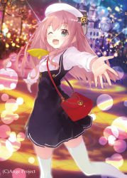 Rule 34 | 10s, 1girl, ;d, ange vierge, aqua eyes, bag, dress, dress shirt, handbag, happy, hat, lamppost, long hair, one eye closed, open mouth, outstretched arms, pink hair, pleated dress, shirabi, shirt, smile, solo, spread arms, thighhighs, white thighhighs, wink