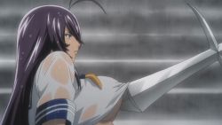 Rule 34 | 00s, 1girl, animated, animated gif, assisted exposure, blue eyes, bouncing breasts, breasts, dark skin, ikkitousen, kan&#039;u unchou, large breasts, long hair, nipples, no bra, polearm, purple hair, rain, spear, undressing, upper body, weapon, wet