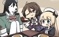 Rule 34 | 2girls, :d, animalization, ashigara (kancolle), bear, blonde hair, blue eyes, brown eyes, brown hair, chikuma (kancolle), commentary, dated, food, gloves, hair between eyes, hairband, hamu koutarou, hat, highres, jacket, jervis (kancolle), kantai collection, long hair, long sleeves, military, military uniform, multiple girls, one eye closed, open mouth, purple jacket, smile, uniform, white gloves, white hairband, white hat