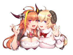 Rule 34 | 2girls, :d, ahoge, bad id, bad pixiv id, blonde hair, bow, breasts, cleavage, commentary request, curled horns, domco, dragon girl, dragon horns, frilled sleeves, frills, fur trim, hair ornament, hairband, hairclip, highres, hololive, horn bow, horn ornament, horns, kiryu coco, kiryu coco (1st costume), large breasts, long hair, looking at viewer, multiple girls, open mouth, orange hair, pointy ears, purple eyes, red bow, sheep horns, simple background, smile, tongue, tsunomaki watame, tsunomaki watame (1st costume), upper body, v, virtual youtuber, waving, white background