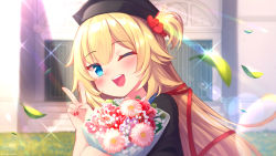 Rule 34 | 1girl, ;d, akai haato, aqua eyes, blonde hair, blush, bouquet, flower, from side, graduation, hair ornament, hair ribbon, hat, heart, heart hair ornament, highres, hololive, long hair, looking at viewer, magowasabi, mortarboard, nail polish, one eye closed, one side up, open mouth, red nails, red ribbon, ribbon, smile, solo, teeth, upper body, upper teeth only, v, very long hair, virtual youtuber