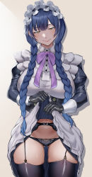 Rule 34 | 1girl, absurdres, alternate costume, black gloves, black panties, black thighhighs, blue hair, blush, braid, breasts, enmaided, garter belt, garter straps, gloves, gluteal fold, highres, large breasts, lifted by self, long hair, looking at viewer, maid, maid headdress, navel, nijisanji, panties, puffy sleeves, shizuka rin, shizuka rin (14th costume), silhouette, simple background, skysign ft, smile, solo, sweat, thighhighs, twin braids, underwear, very long hair, virtual youtuber, white background, yellow eyes